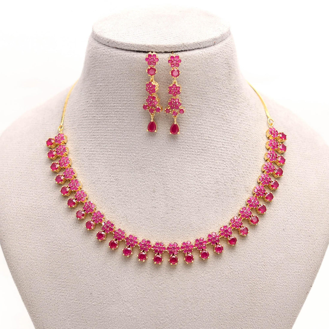 Ruby Floral Red Stone Necklace & Earrings | Gold Plated Indian Jewelry | Bridal Wedding Set | Ethnic Jewelry | Gift For Her — 2
