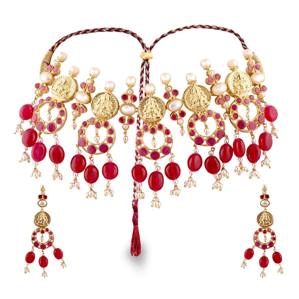 Gold Temple Necklace Ruby Set with Pearls | Lakshmi Coin Necklace | Handmade Indian Bridal Jewelry with Earrings