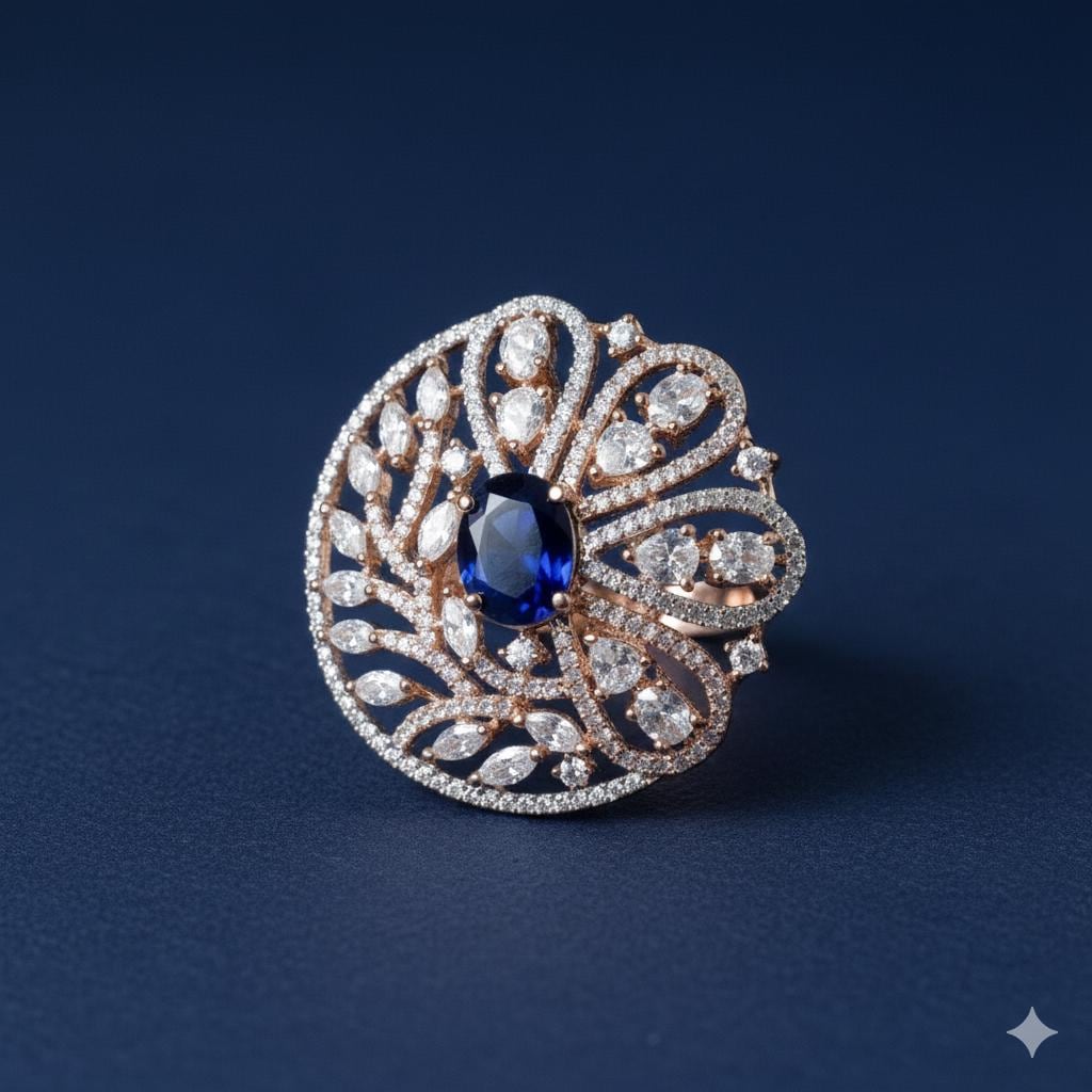 Rose Gold Plated Sapphire Ring with CZ Diamond Halo | Adjustable Bridal Statement Ring | Elegant Cocktail Party Wear Jewelry | Gift For Her — 1