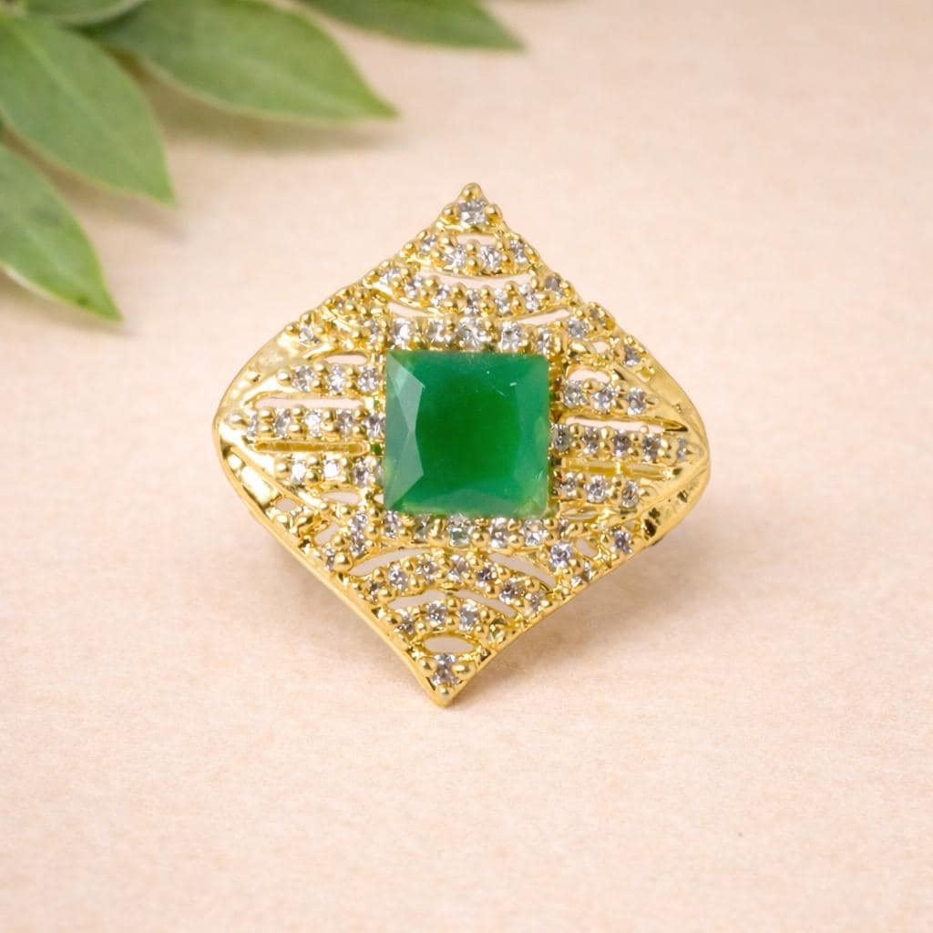 Emerald Cut Cubic Zirconia Diamond Ring | 22K Gold Plated Adjustable Bridal Cocktail Ring | Festive Wedding Jewelry | Gift For Women — 1