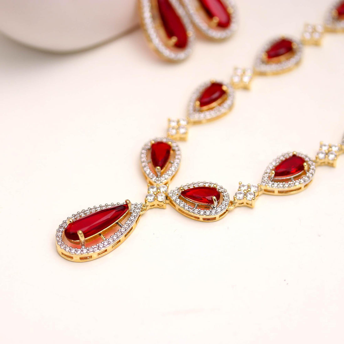 Ruby Necklace & Earrings Set | Brass 22K Gold Plated | Red Teardrop Bridal Jewelry | Wedding Party Wear | Gift for Her — 4