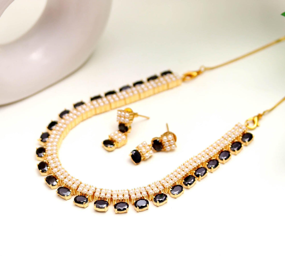 22K Gold Plated Black Onyx & Pearl Necklace Set | Elegant Gemstone Jewelry | Bridal Necklace Earrings | Gift for Her — 4