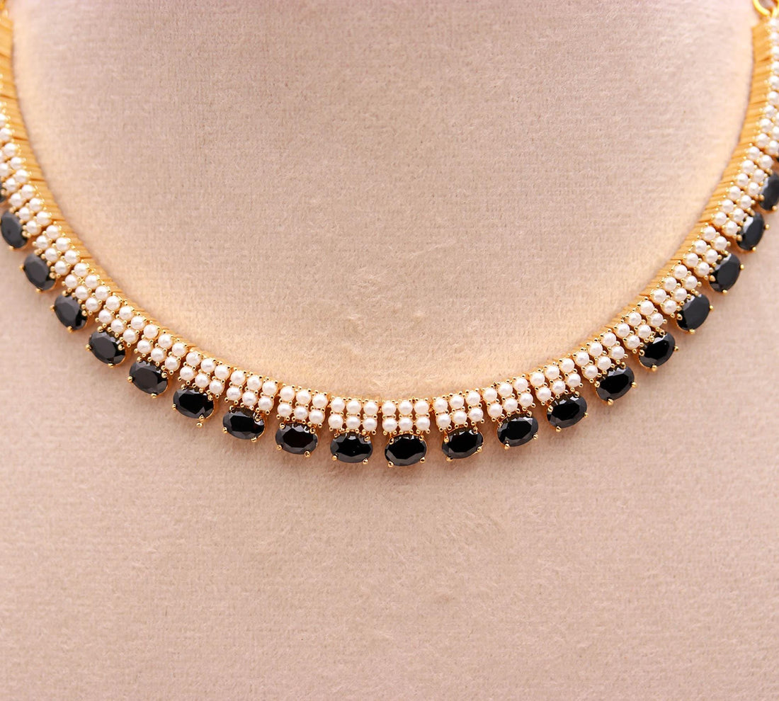 22K Gold Plated Black Onyx & Pearl Necklace Set | Elegant Gemstone Jewelry | Bridal Necklace Earrings | Gift for Her — 2