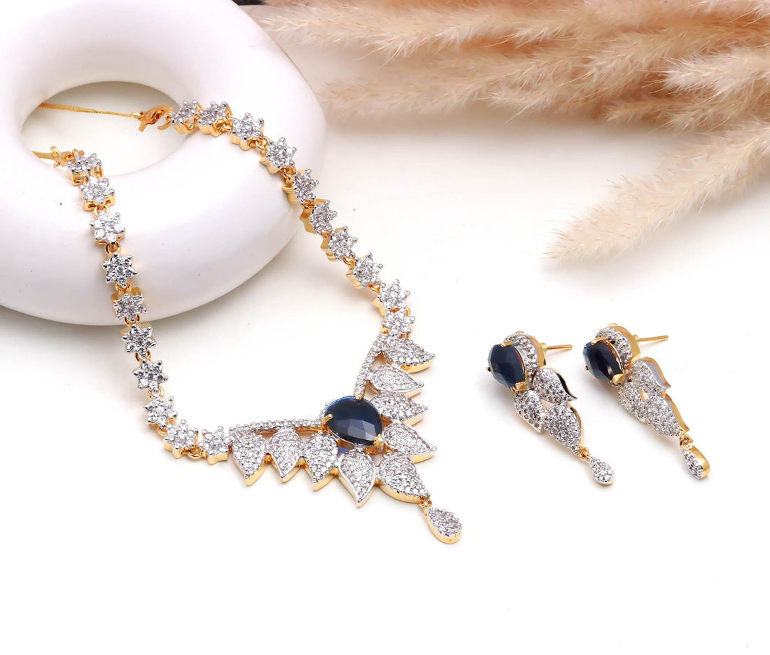 Blue Sapphire CZ Necklace Set | Pear Shape Center Stone | 22K Gold Plated Brass Bridal Jewelry Set | Gift for Her — 4