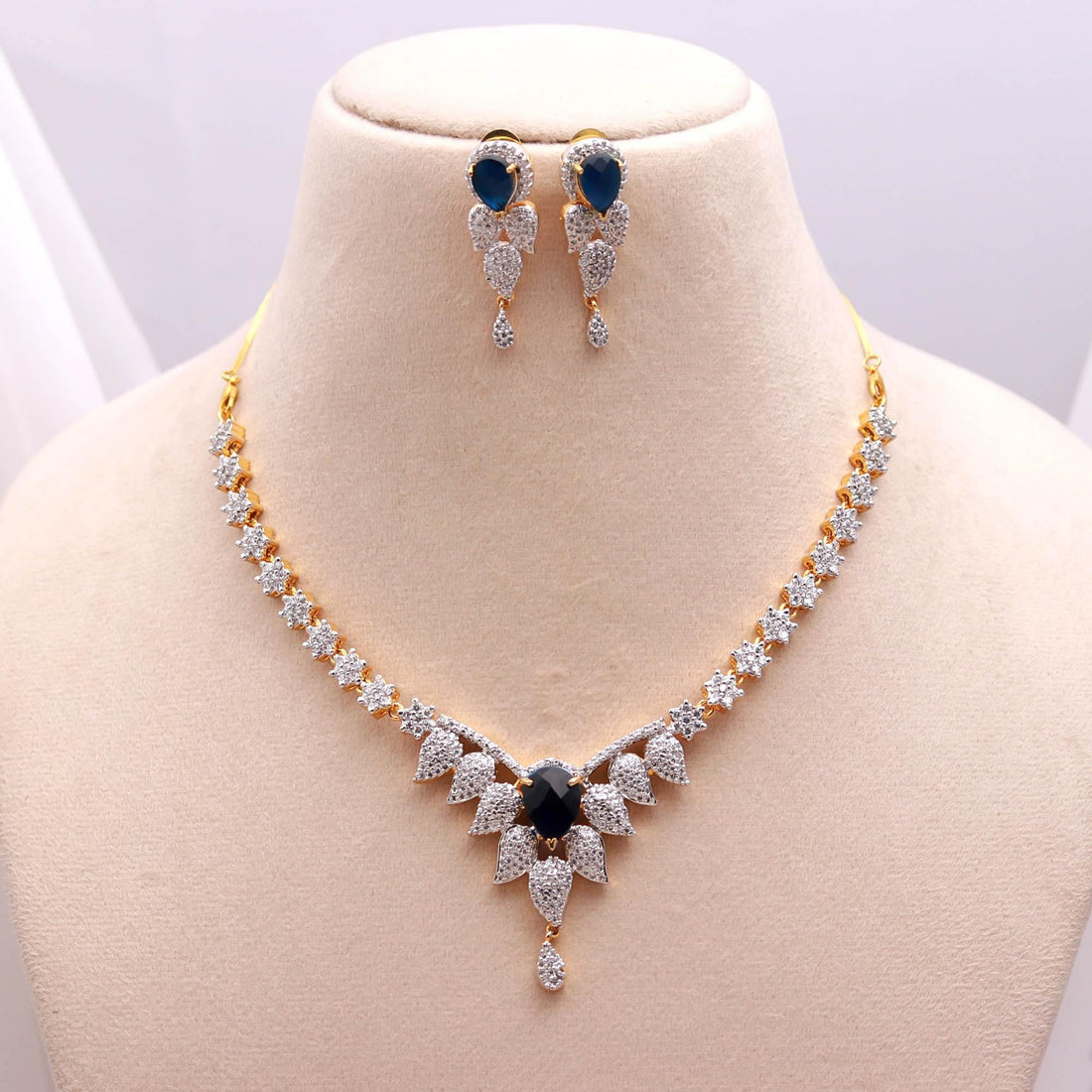 Blue Sapphire CZ Necklace Set | Pear Shape Center Stone | 22K Gold Plated Brass Bridal Jewelry Set | Gift for Her — 1