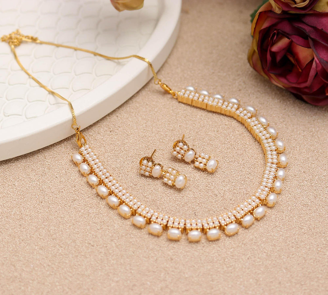 Pearl Necklace Set | 22K Gold Plated Brass Jewellery | Freshwater Pearl Choker Necklace with Stud Earrings | Bridal Jewellery |Gift for Her — 3