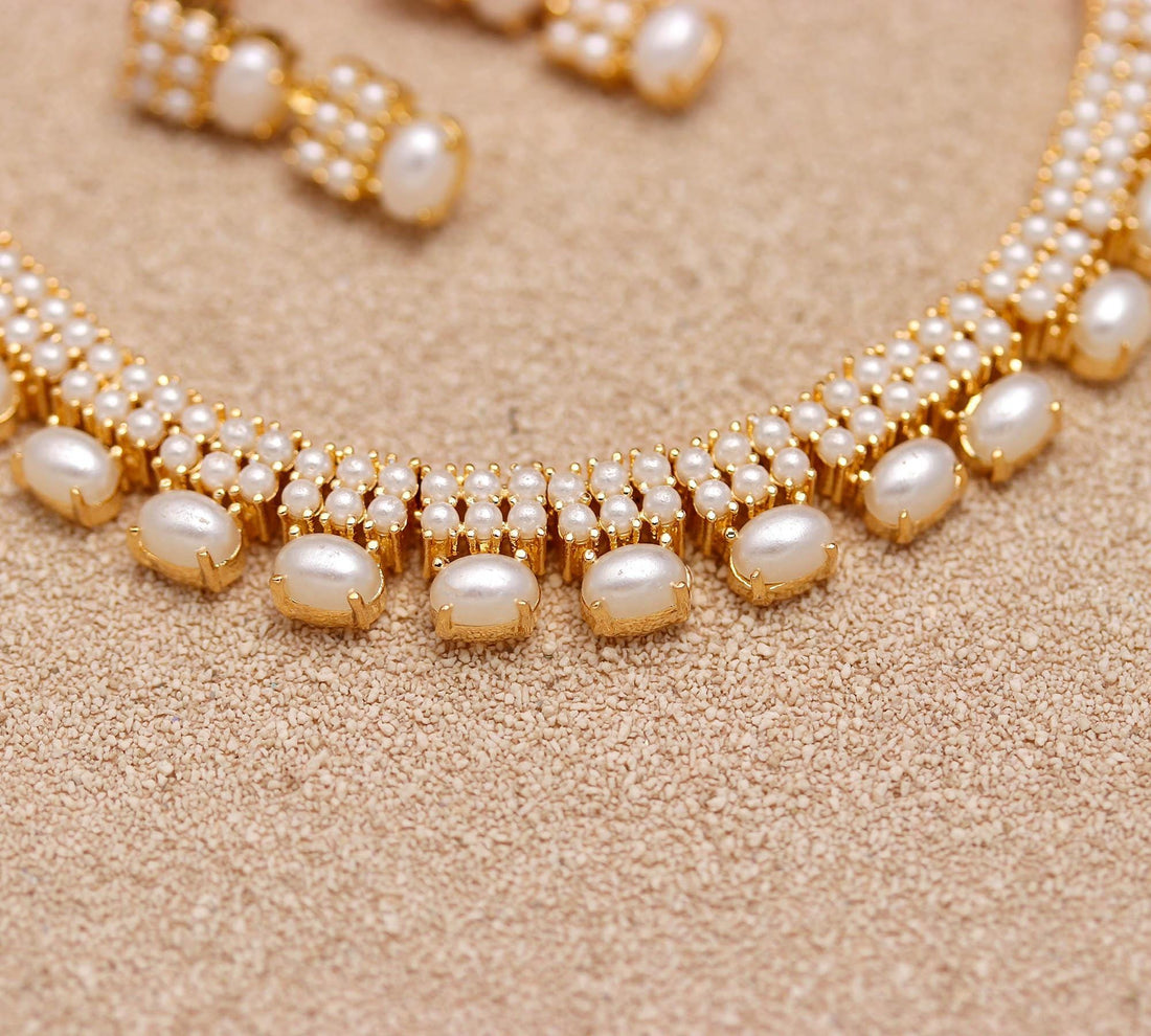 Pearl Necklace Set | 22K Gold Plated Brass Jewellery | Freshwater Pearl Choker Necklace with Stud Earrings | Bridal Jewellery |Gift for Her — 4