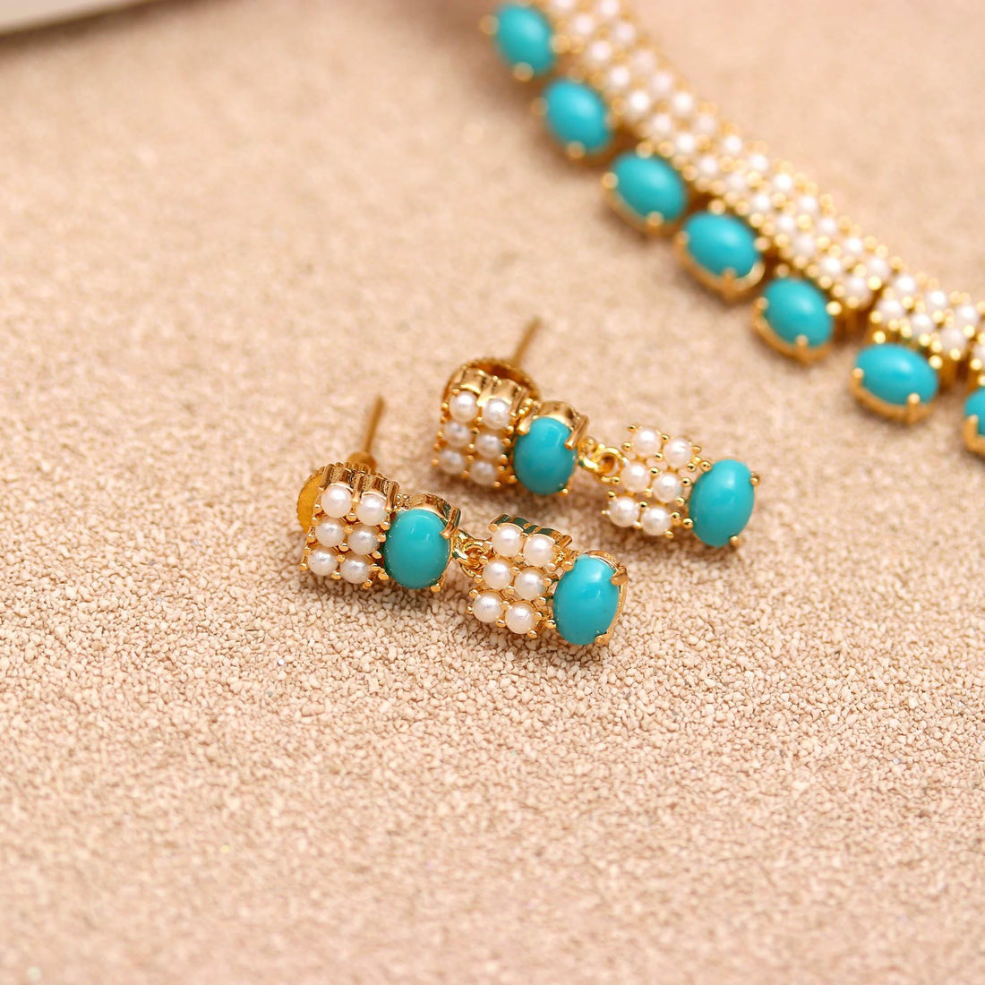 Turquoise & Pearl Necklace Set | Gold Plated Brass | Wedding Party Jewelry | Gift For Her — 5