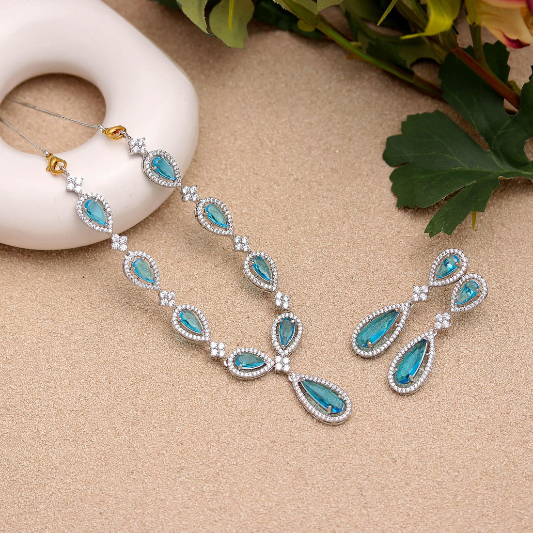 Blue Topaz Pear Shape Necklace Set | 18K White Gold Plated Brass | CZ Diamond Look Bridal Jewelry |Gift For Her — 3