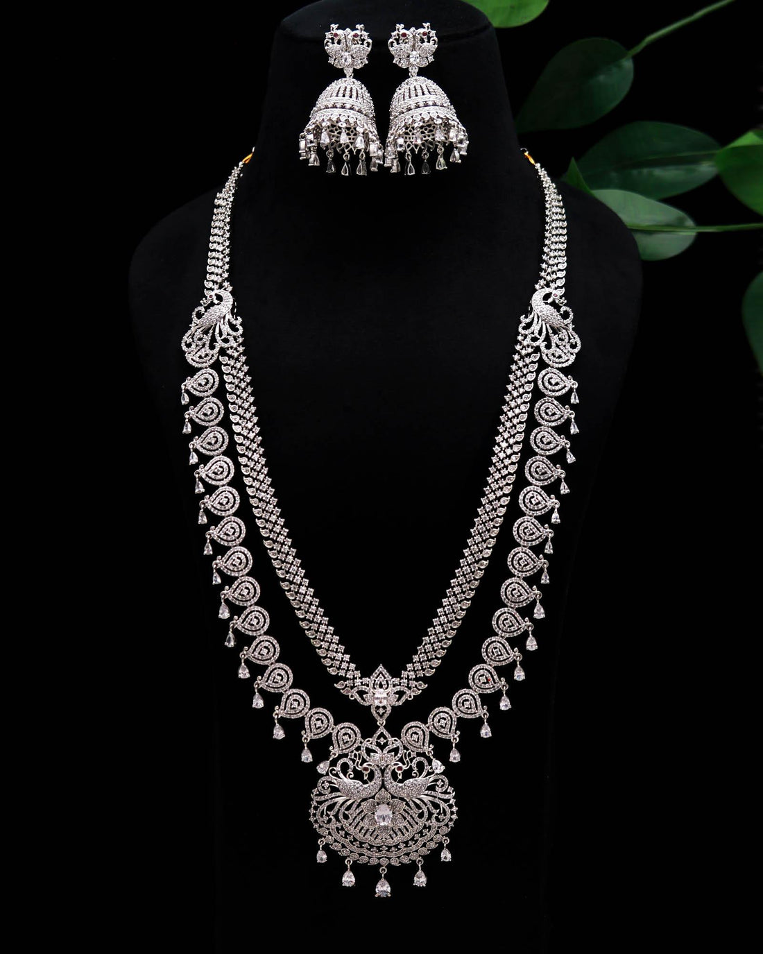 Premium Diamond Look Long Necklace Set | 2 Layer Bridal Jewelry | 18K White Gold Plated Brass Statement Necklace | South Indian Jewelry — 4