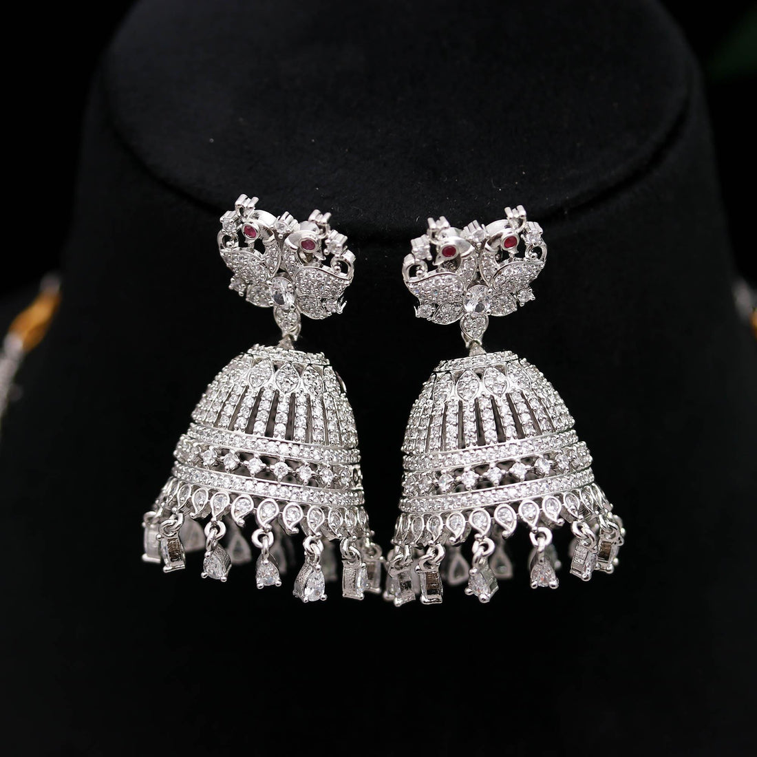 Premium Diamond Look Long Necklace Set | 2 Layer Bridal Jewelry | 18K White Gold Plated Brass Statement Necklace | South Indian Jewelry — 6