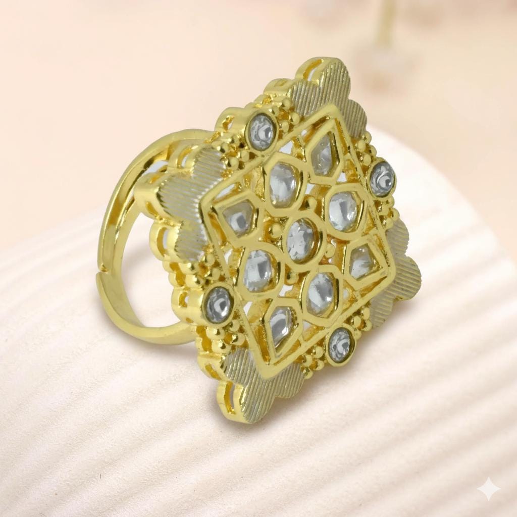Polki CZ Diamond Bridal Ring | Yellow Gold Plated Wedding Statement Cocktail Jewelry | Engagement Ring | Party Wear Ring | Gift For Her — 2