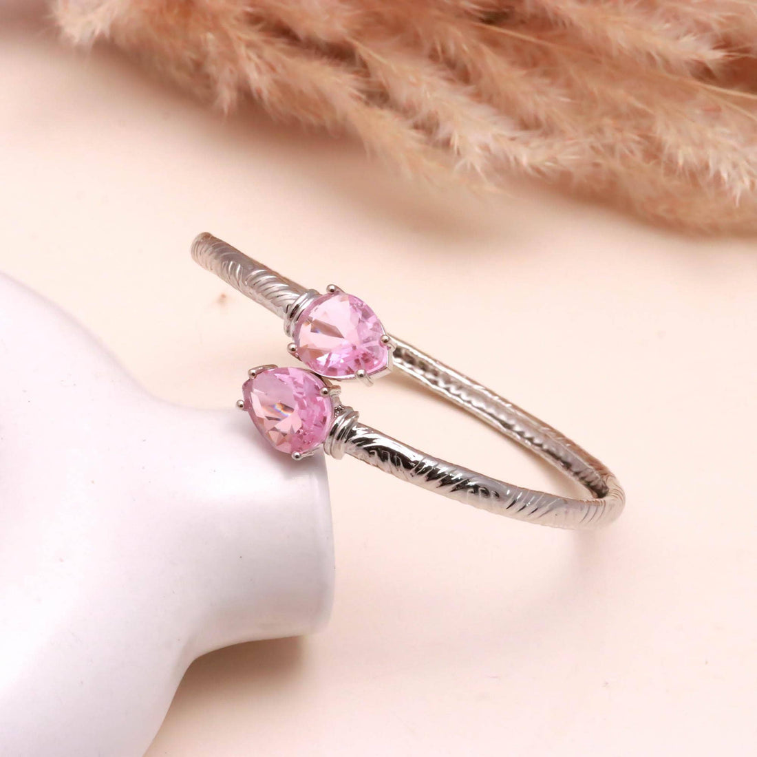 Adjustable Pink Sapphire Bracelet, Pear Cut Lab Grown Gemstone, 925 Silver Plated Brass Open Bangle Gift for Her | Bridal Kada — 1