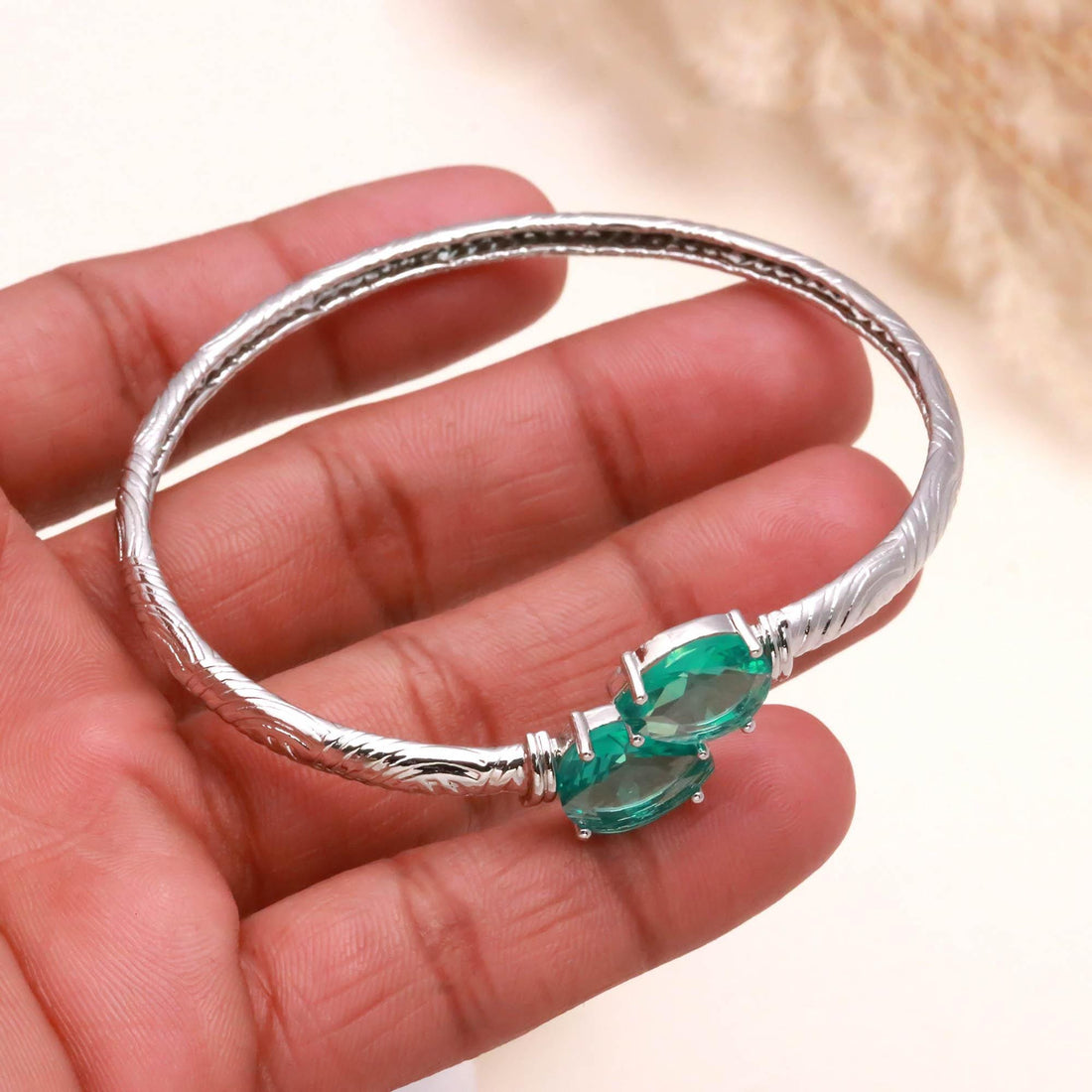 Colombian Emerald Bracelet, Pear Cut Lab Grown Emerald, 925 Silver Plated Brass Open Bangle, May Birthstone Gift | Gift For Her — 3