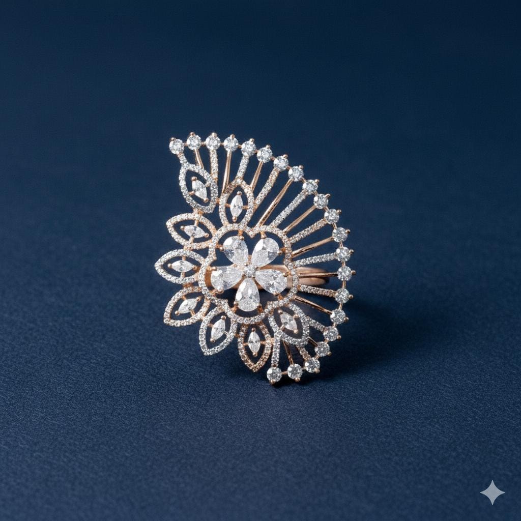 Gold Plated CZ Diamond Cocktail Ring | Handmade Statement Jewelry | Elegant Bridal Wedding Party Wear Ring | Gift For Her — 1