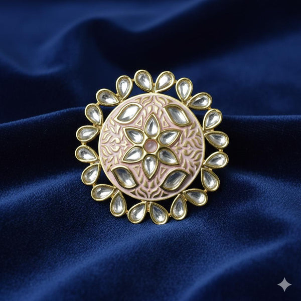 Traditional Mint Pink Kundan Ring | Adjustable Handcrafted Indian Bridal Jewelry | 22K Gold Plated Statement Ring | Anniversary Gift