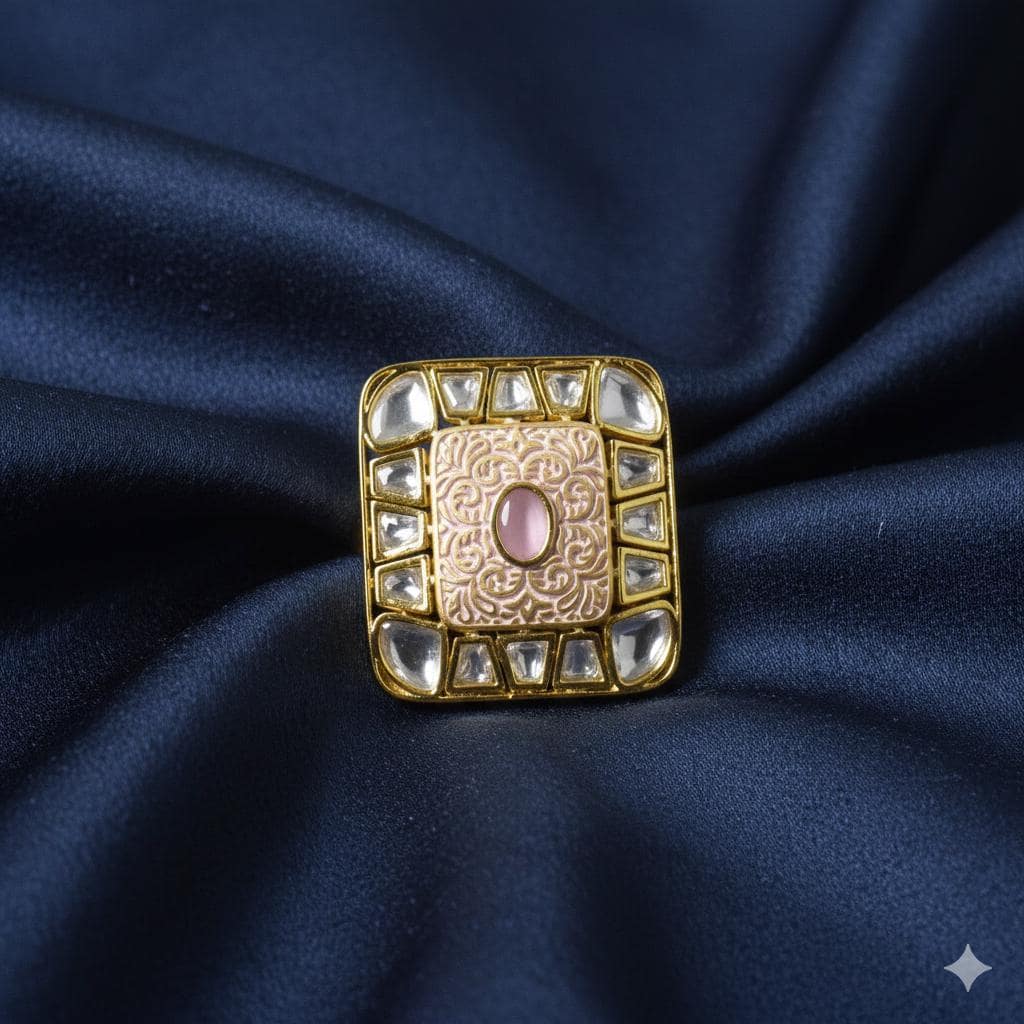 Traditional Pink Meenakari Kundan Ring | Adjustable Handcrafted Indian Bridal Jewelry | 22K Gold Plated Wedding Statement Ring |Gift For Her — 1