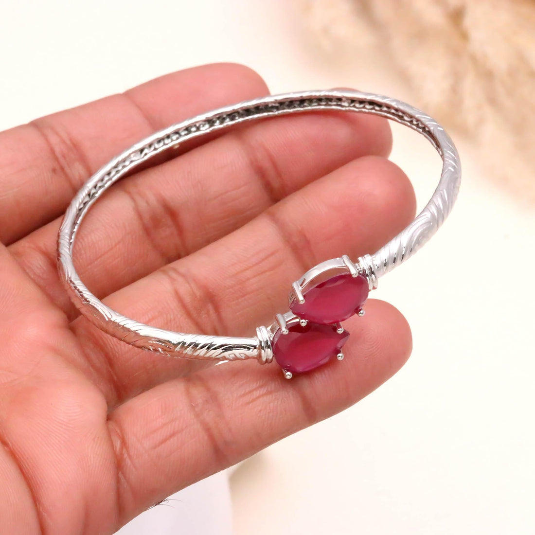 Pear Cut Rubellite Bracelet | Pink Tourmaline Style Adjustable Bangle | 925 Silver Plated Brass Bracelet | Fashion Jewelry | Gift for Her — 3