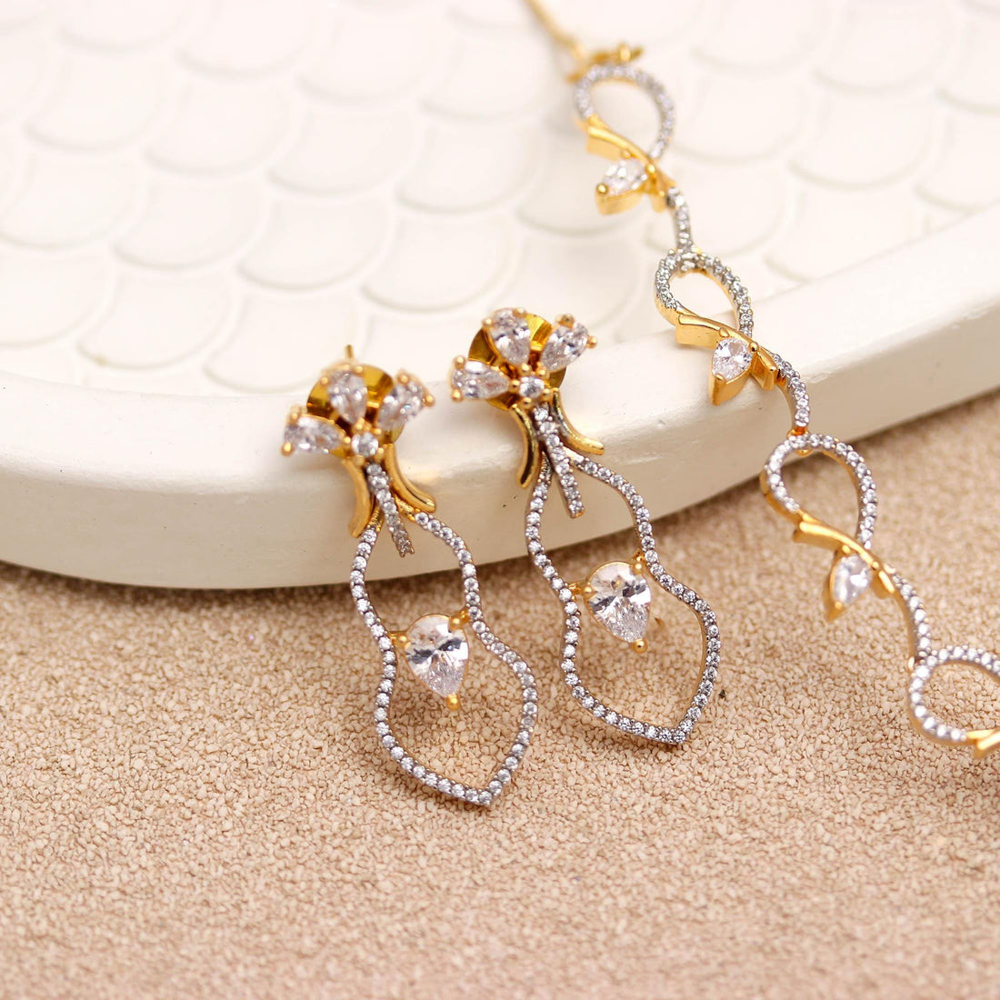 22K Gold Plated Brass Necklace Set with Diamond CZ Stones | Bridal Wedding Jewelry | Elegant Statement Necklace | Party Wear |Gift for Her — 4