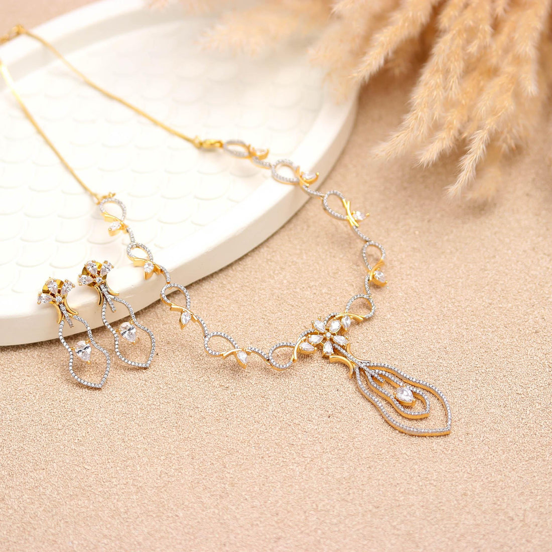 22K Gold Plated Brass Necklace Set with Diamond CZ Stones | Bridal Wedding Jewelry | Elegant Statement Necklace | Party Wear |Gift for Her — 3