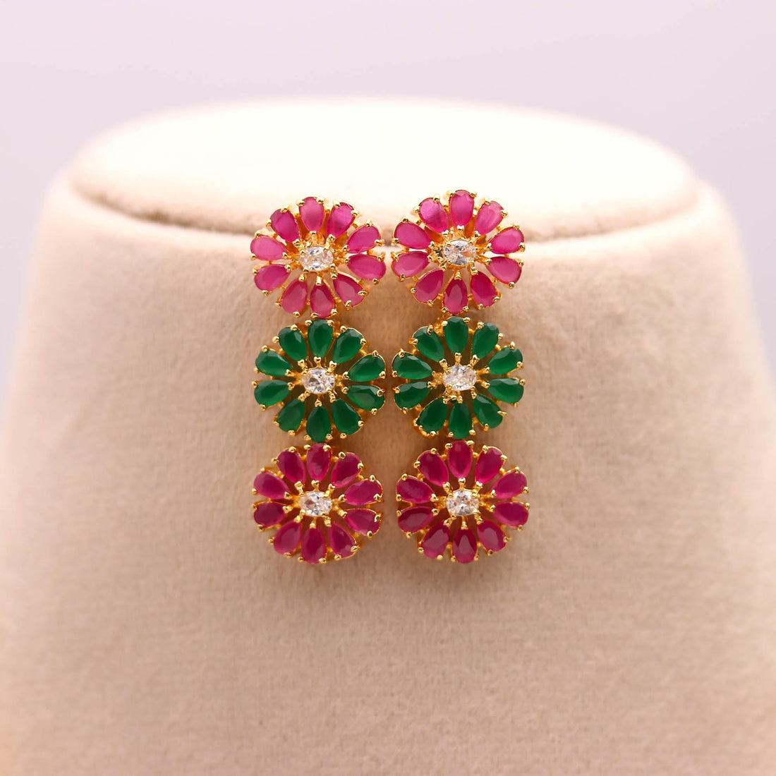 22K Gold Plated Floral Necklace Set | Pear Shaped Emerald Ruby & CZ Stones | Elegant Bridal Jewelry — 3
