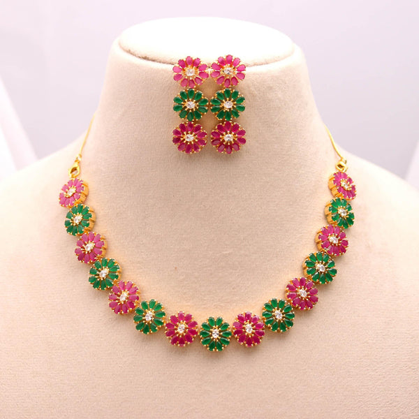 22K Gold Plated Floral Necklace Set | Pear Shaped Emerald Ruby & CZ Stones | Elegant Bridal Jewelry
