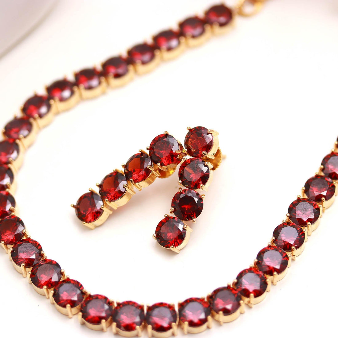 22K Gold Plated Necklace Set with Garnet | Traditional Gemstone Jewelry Set | Elegant Gift for Her | Tennis Necklace — 5