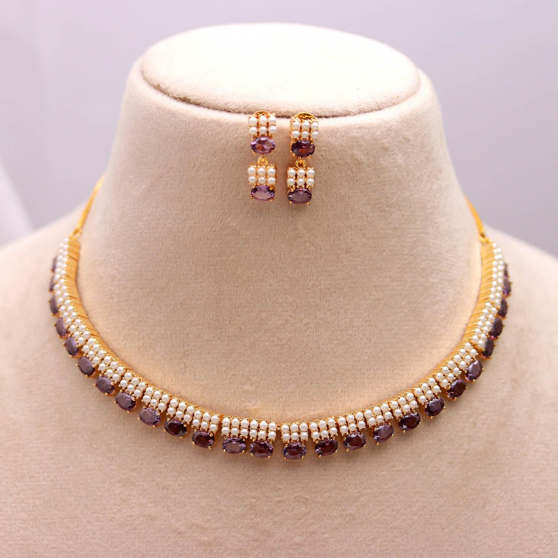 African Amethyst & Pearl Necklace Set | 22K Gold Plated Brass Jewelry | Oval Gemstone Necklace | Adjustable Chain | Elegant Gift For Her — 1
