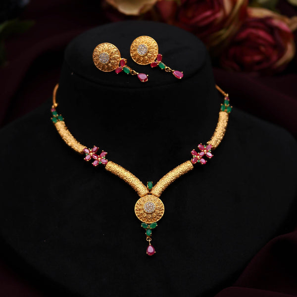 Matt Gold Polish Necklace Set with Ruby - Emerald | 22K Gold Plated Brass | Handmade South Indian Bridal Necklace & Earrings |Gift For Her