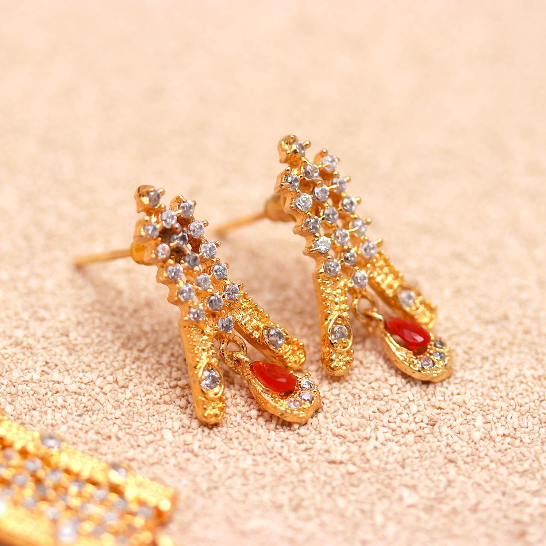 22K Gold Plated Brass Ruby & CZ Gold Necklace Set | Pear Shape Stone Necklace | Traditional Indian Bridal Jewelry |Gift For Her — 5