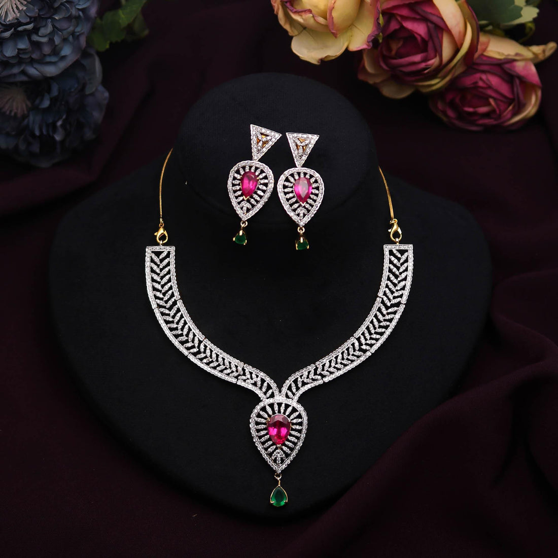 22K Gold Plated Ruby CZ Necklace Set | Indian Bridal Jewelry | Traditional Necklace | Festival Jewelry | Wedding Necklace Set| Bridal Gift — 1