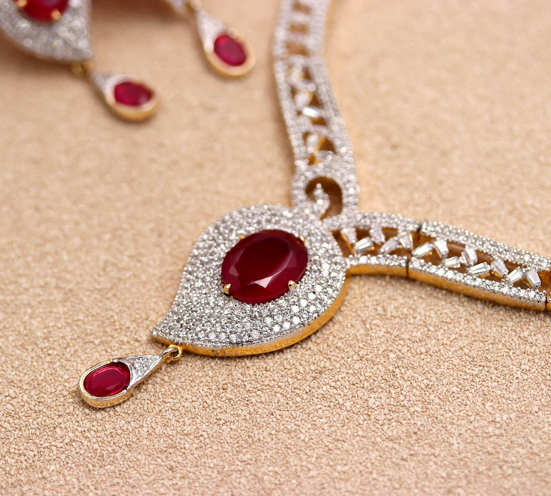 22K Gold Plated Ruby CZ Necklace Set | Oval Design Brass Jewelry | Adjustable Chain | Indian Bridal Jewelry | Gift For Her — 4