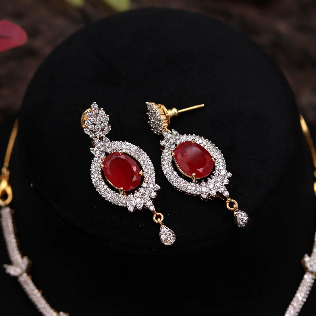 22K Gold Plated Ruby CZ Necklace Set | Oval Design | Brass Jewelry | Adjustable Chain | Indian Traditional Jewelry | Gift For Her — 2