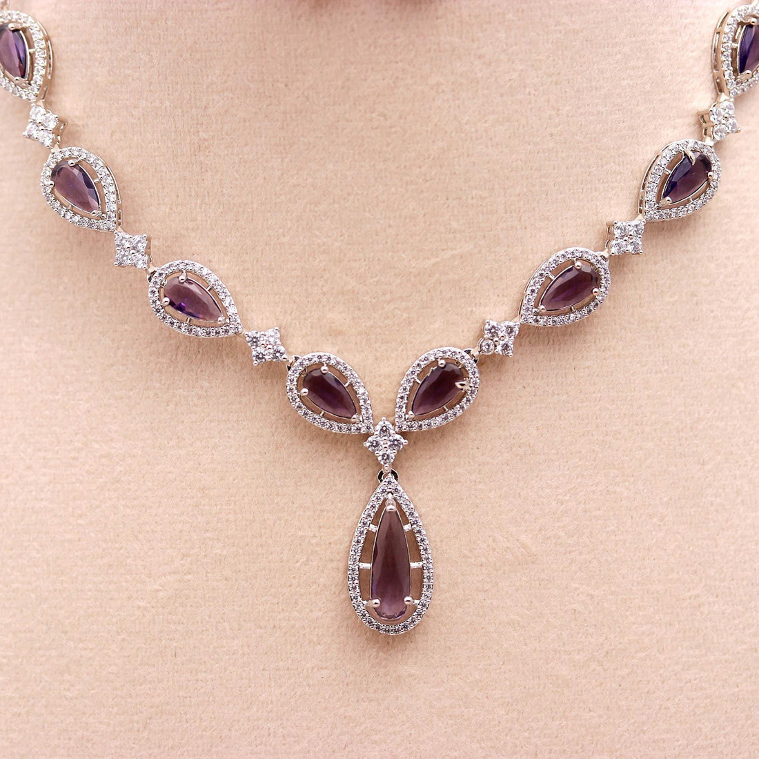 African Amethyst Necklace & Earrings Set | 18K White Gold Plated | Purple Teardrop Bridal Jewelry | February Birthstone | Gift for Her — 3