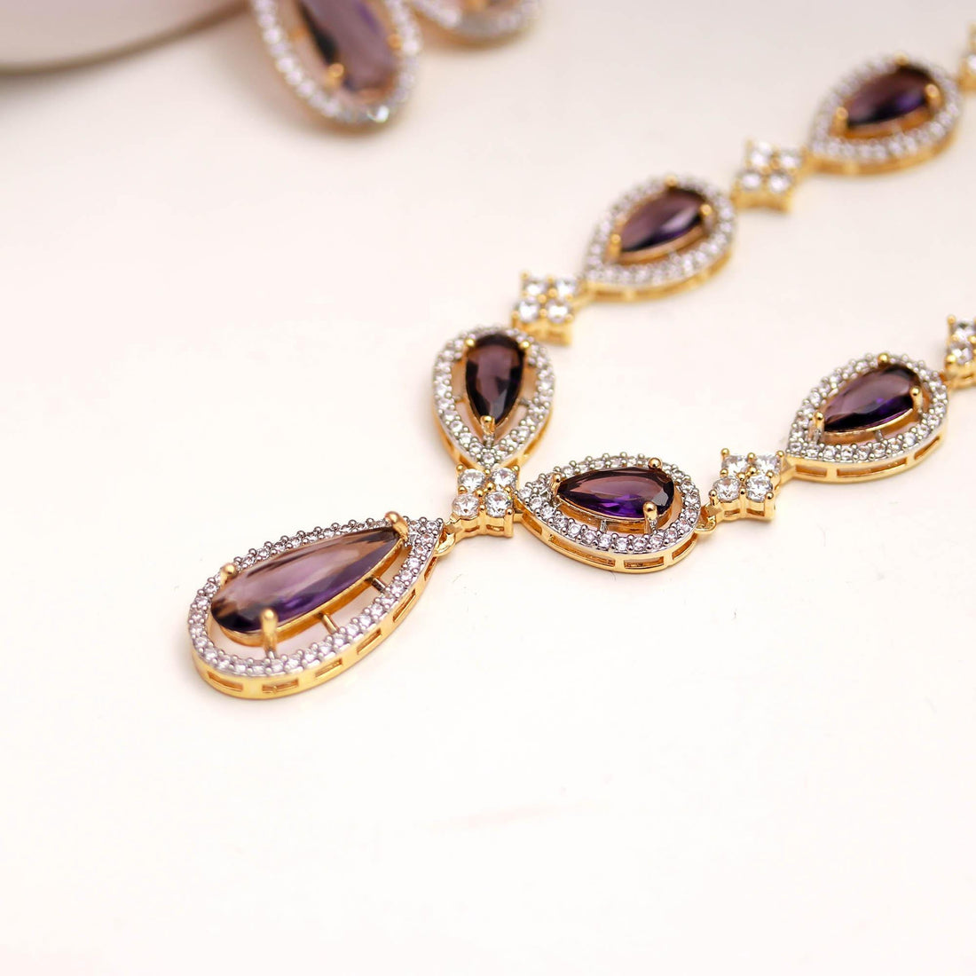 Amethyst Necklace & Earrings Set With 22K Gold Plated | Purple Teardrop Jewelry | Bridal Gift | Wedding Set | Gift For Her — 1