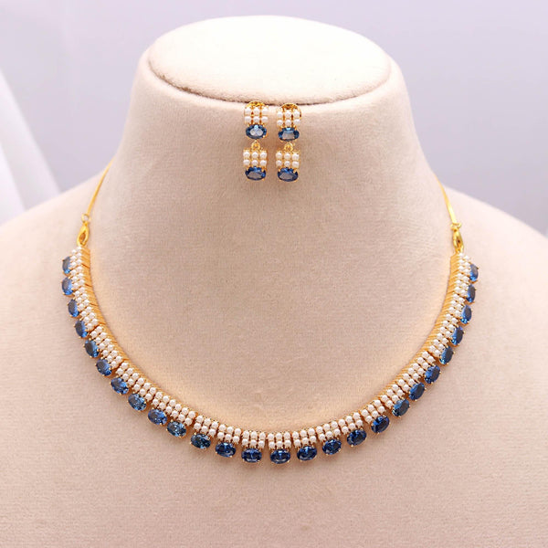 22K Gold Plated Tanzanite & Pearl Necklace Set | Elegant Blue Gemstone Jewelry | Bridal Necklace - Earrings | Gift for Her