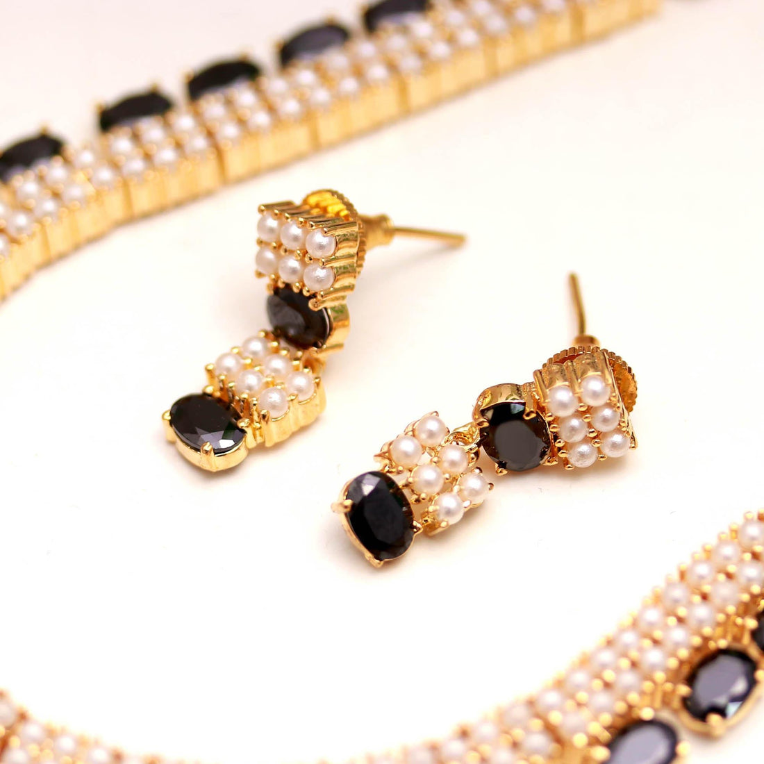 22K Gold Plated Black Onyx & Pearl Necklace Set | Elegant Gemstone Jewelry | Bridal Necklace Earrings | Gift for Her — 5