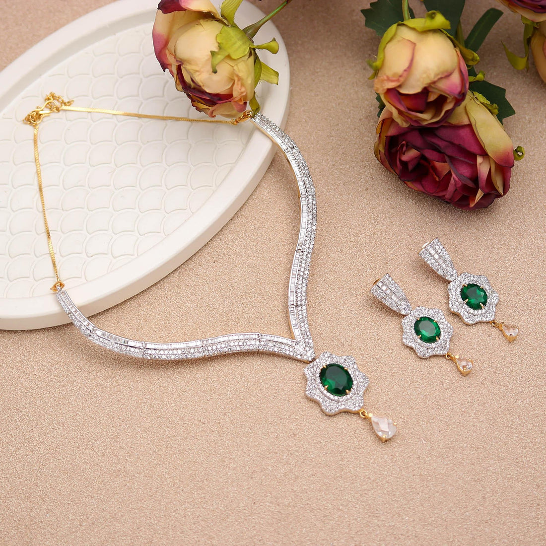 22K Gold Plated Brass Emerald V Shape Diamond CZ Necklace Set | Adjustable Statement Jewelry | Gift For Her | Party Wear Necklace — 3