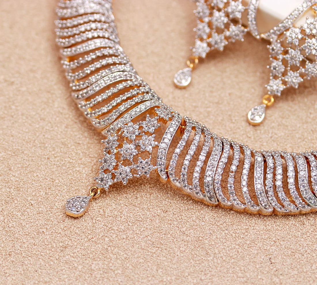 Premium Diamond Look Necklace Set | Luxury CZ Bridal Necklace Earrings | Gold Plated Wedding Jewelry Set | Gift For Her — 4