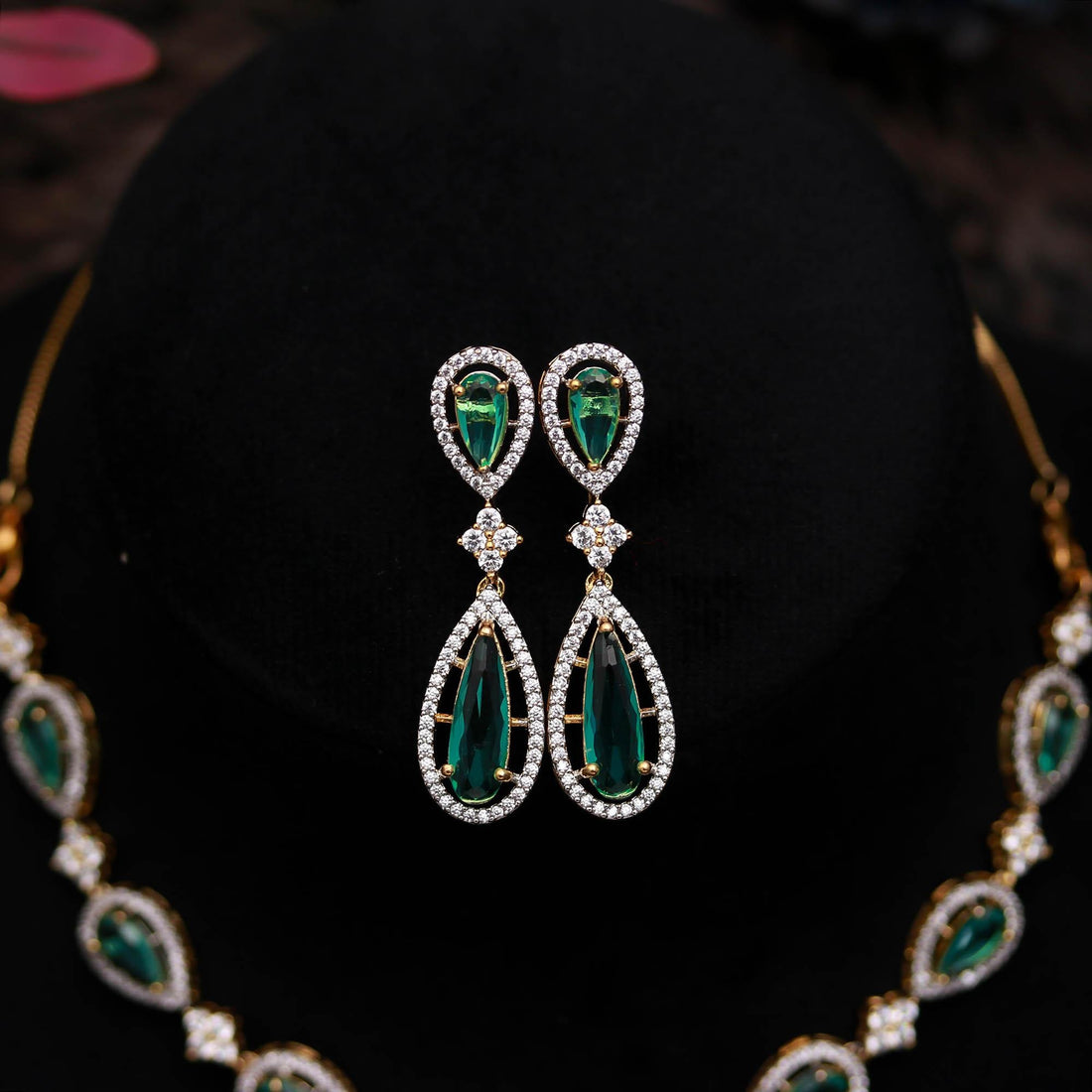 Pear Shape Lab Grown Colombian Emerald Necklace & Earrings Set | 22K Gold Plated Brass | CZ Diamond Look Bridal Jewelry | Gift For Her — 2