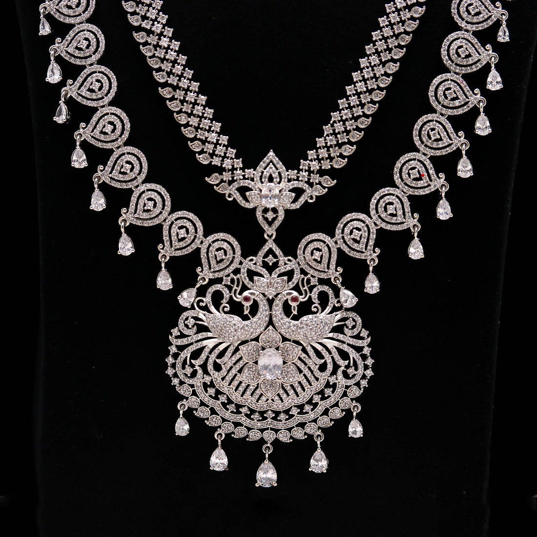 Premium Diamond Look Long Necklace Set | 2 Layer Bridal Jewelry | 18K White Gold Plated Brass Statement Necklace | South Indian Jewelry — 5
