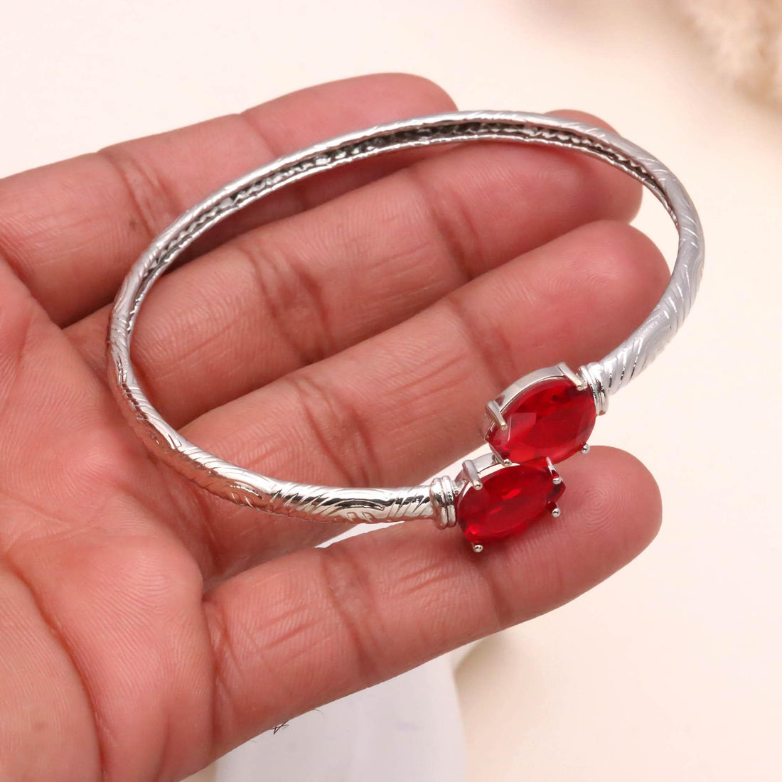 Adjustable Ruby Bracelet, Pear Cut Red Ruby, 925 Silver Plated Brass Open Bangle, Minimalist Gift for Her — 3