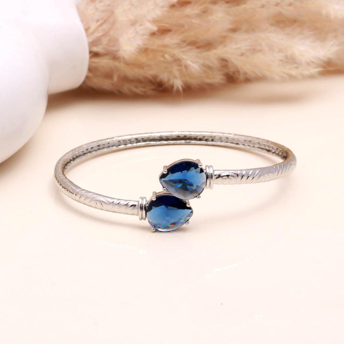 Blue Sapphire Bracelet | Pear Cut Blue Sapphire Open Bangle | 925 Silver Plated Brass Adjustable Bracelet |September Birthstone Gift for Her — 2
