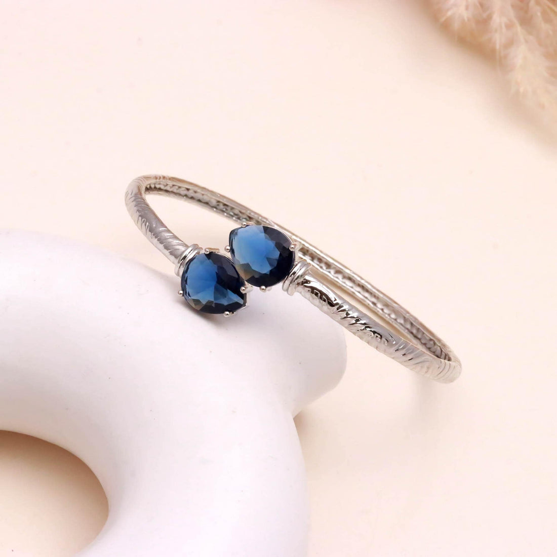 Blue Sapphire Bracelet | Pear Cut Blue Sapphire Open Bangle | 925 Silver Plated Brass Adjustable Bracelet |September Birthstone Gift for Her — 1