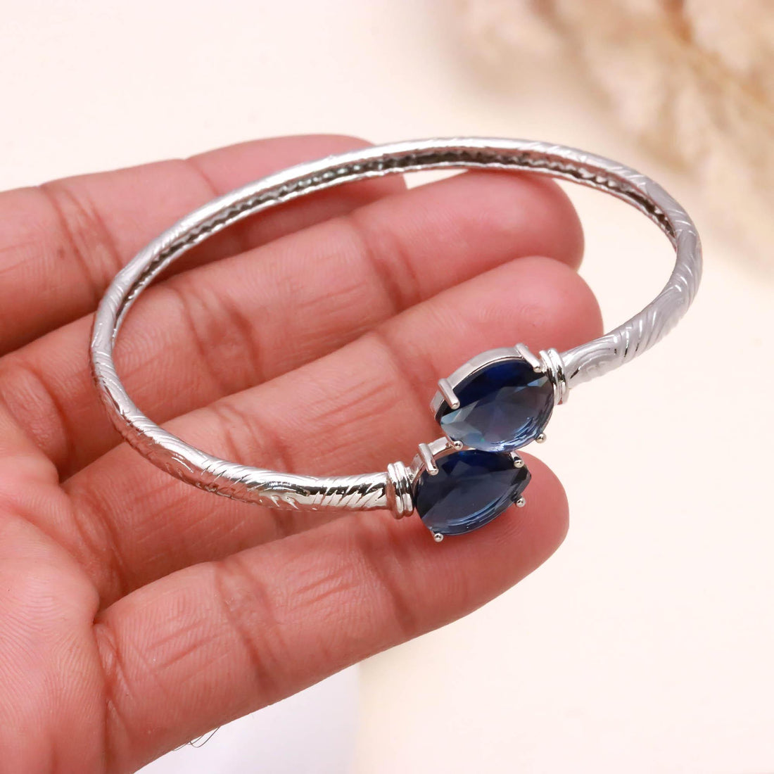 Blue Sapphire Bracelet | Pear Cut Blue Sapphire Open Bangle | 925 Silver Plated Brass Adjustable Bracelet |September Birthstone Gift for Her — 3