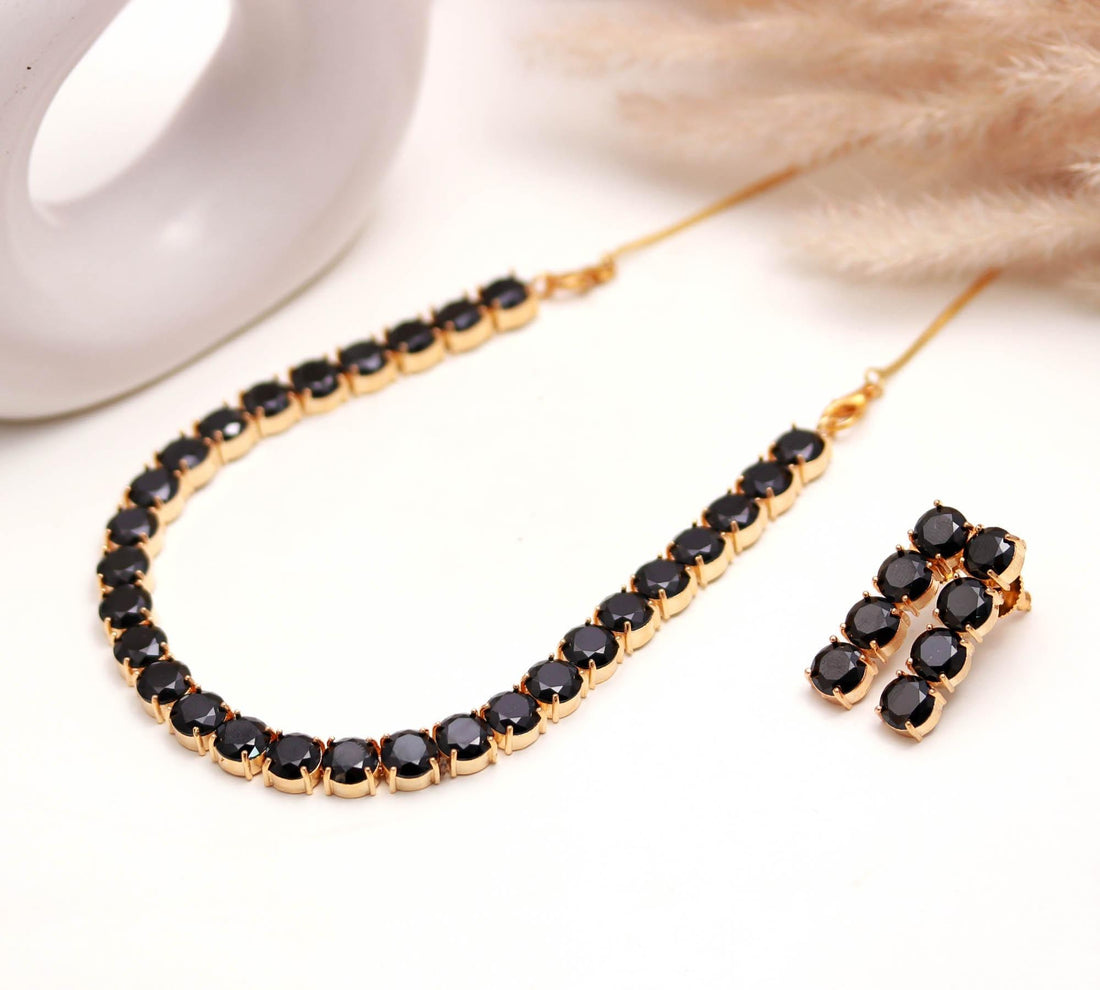Black Onyx Necklace Set | 22K Gold Plated Brass Jewelry | Statement Necklace | Adjustable Elegant Gift | Gift For Her — 4