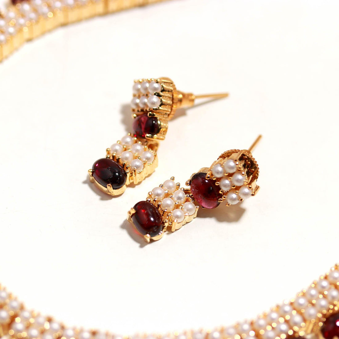 22K Gold Plated Brass Garnet & Pearl Necklace Set | Oval Gemstone Necklace | Adjustable Chain | Elegant Handmade Jewelry | Gift For Her — 5