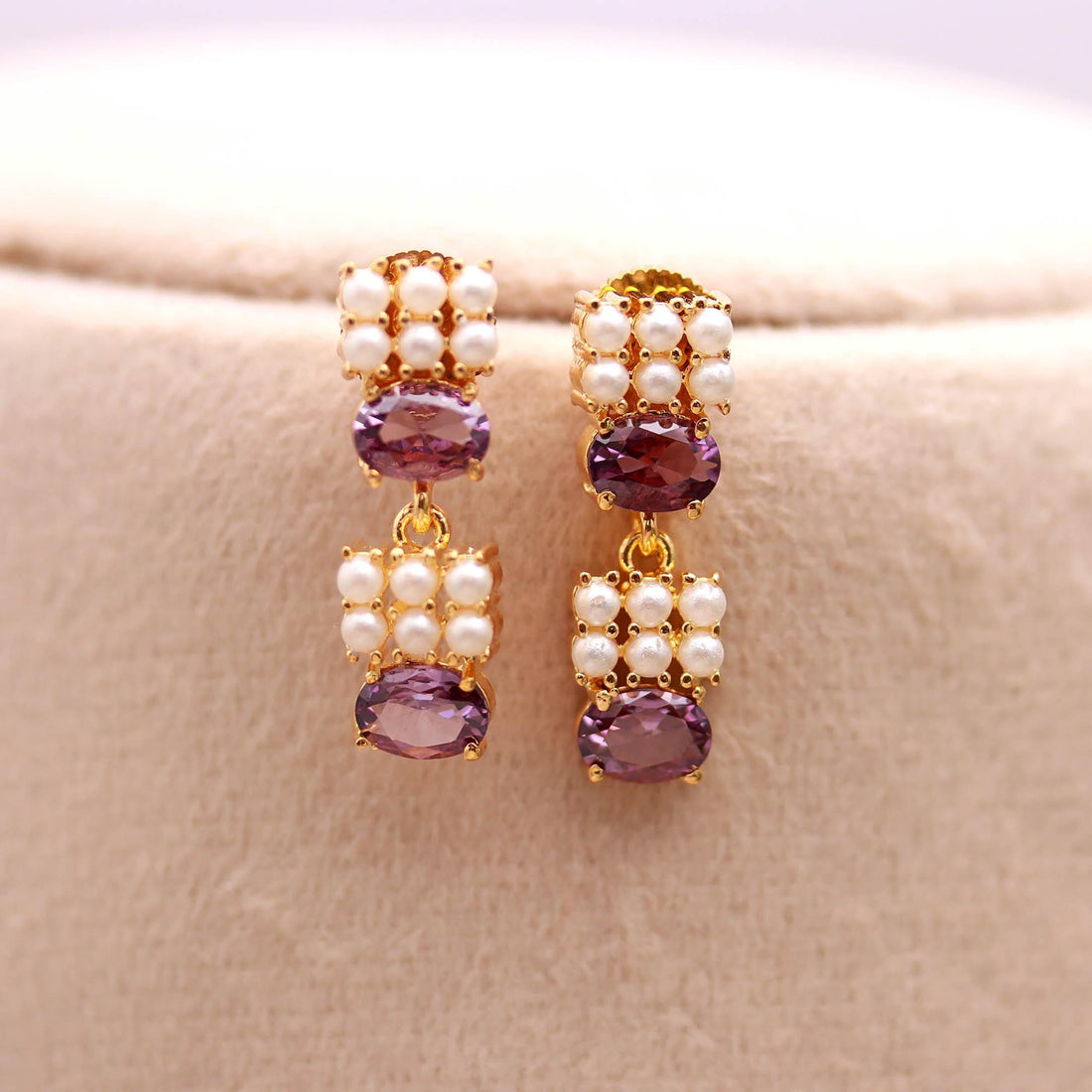 African Amethyst & Pearl Necklace Set | 22K Gold Plated Brass Jewelry | Oval Gemstone Necklace | Adjustable Chain | Elegant Gift For Her — 3