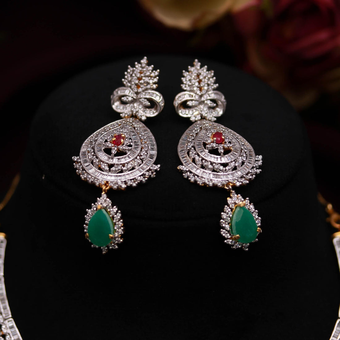 Diamond Look Necklace Set | Ruby Emerald CZ 22K Gold Plated Brass | Oval & Pear Shape | Adjustable Luxury Jewelry | Gift For Her — 2