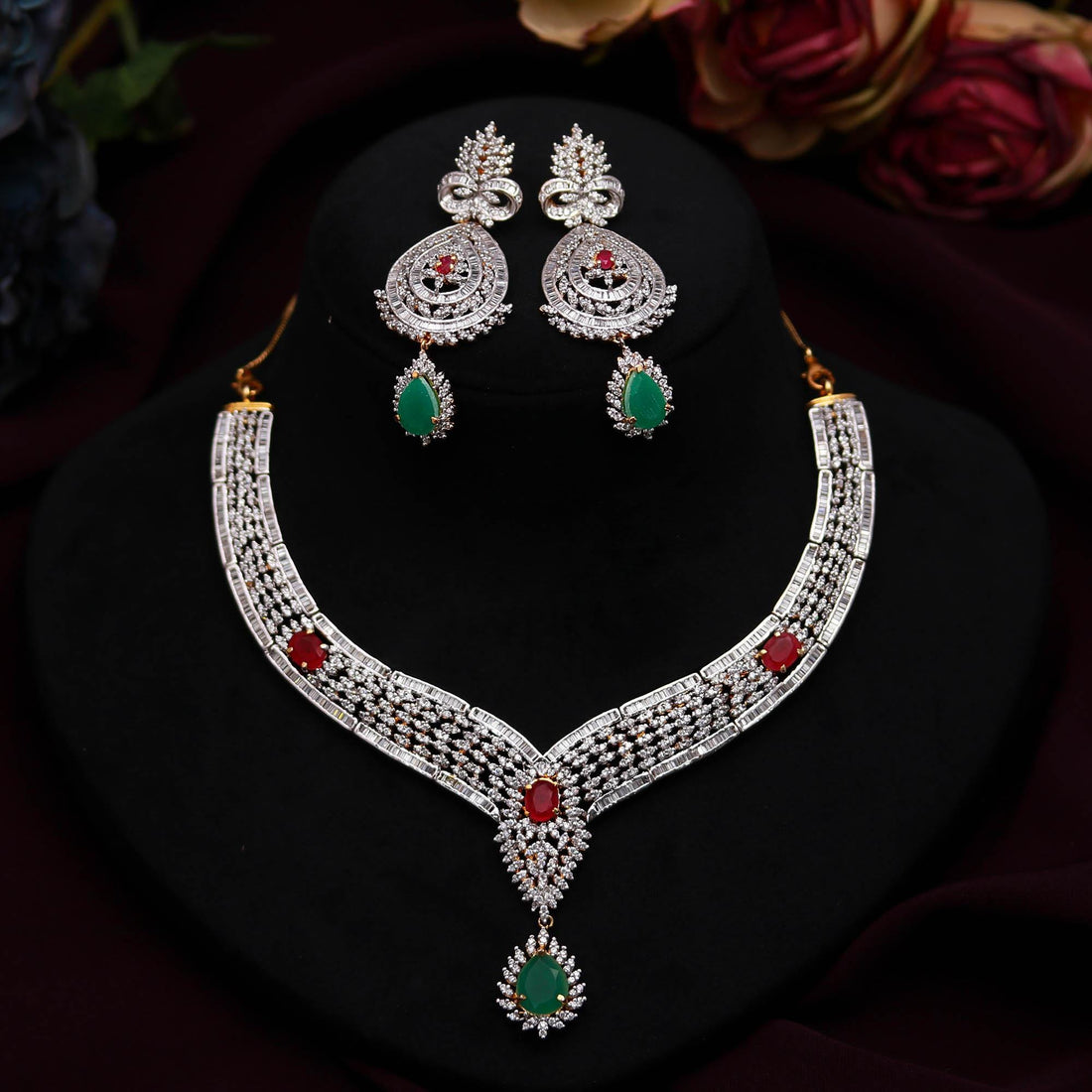 Diamond Look Necklace Set | Ruby Emerald CZ 22K Gold Plated Brass | Oval & Pear Shape | Adjustable Luxury Jewelry | Gift For Her — 1
